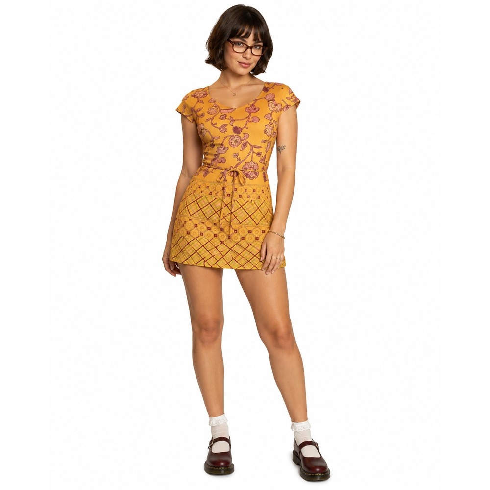 Floral Geometric Rampage Fall Mini Dress V-Neck Cap Sleeve Sz 5 Orange Vintage